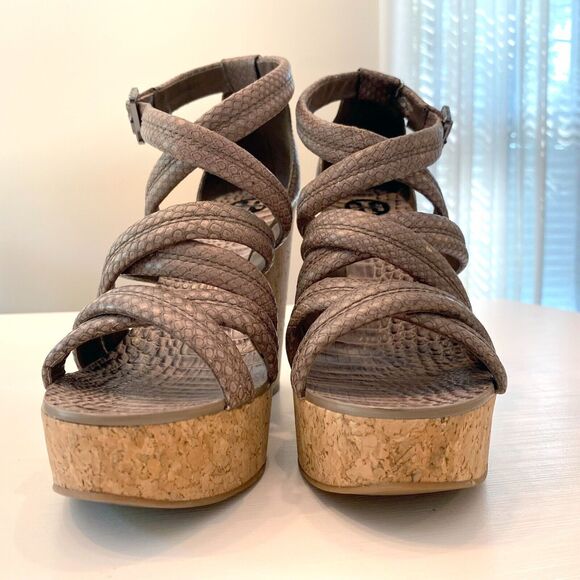 Tory Burch Taupe Python Embossed Leather Cork Wedge Strappy Sandals Size 10 M - Picture 2 of 11